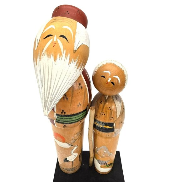 Japanese Kokeshi Wooden Dolls on Stand Grandfather and Grandaughter Crane JE381 - Picture 2 of 10